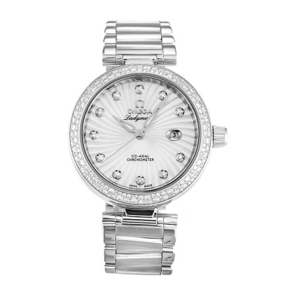 AAA Mother of Pearl - White Diamond Dial Replica Omega De Ville Ladymatic 425.35.34.20.55.001-34 MM