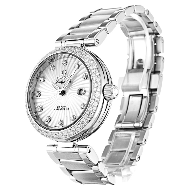 AAA Mother of Pearl - White Diamond Dial Replica Omega De Ville Ladymatic 425.35.34.20.55.001-34 MM